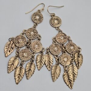 ✨2/$10✨ Boho Gold Tone Leaf Chandelier Earrings 3" Statement Rhinestone Accents